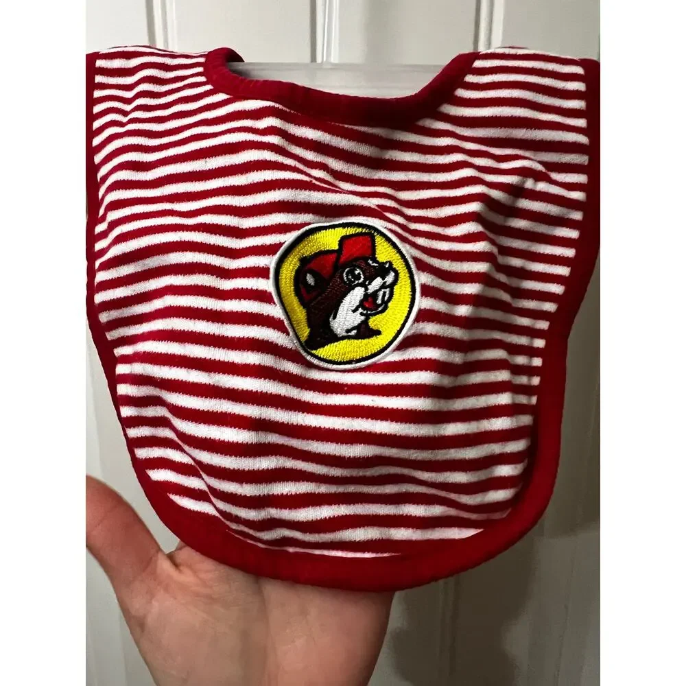 Buc-ee's Red & White Striped Newborn Bib Snap Closure beaver logo embroidery EUC